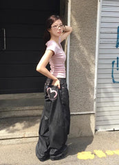 Loose Flared Denim Pants with Heart Pocket