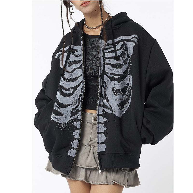 Skeleton Print Zip Up Loose Oversized Hoodie - fairypeony