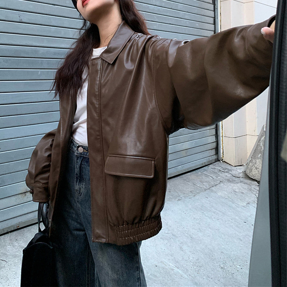 Solid Color Lapel Neck Leather Jacket - fairypeony