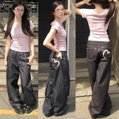 Loose Flared Denim Pants with Heart Pocket