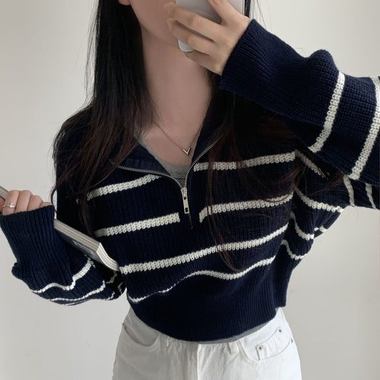 Vintage Striped Half Zip Up Cropped Sweater