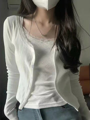Lace Trim Hollow Long-Sleeve Slim-Fit Top – Eyelet Knit Cotton Cardigan