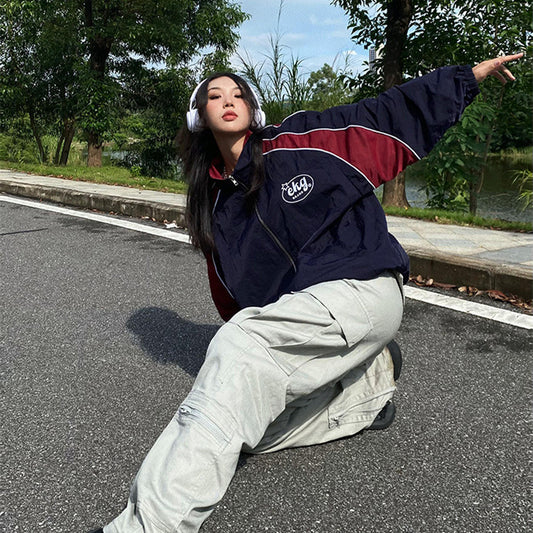 Logo Print Piping Details Oversized Jacket - fairypeony