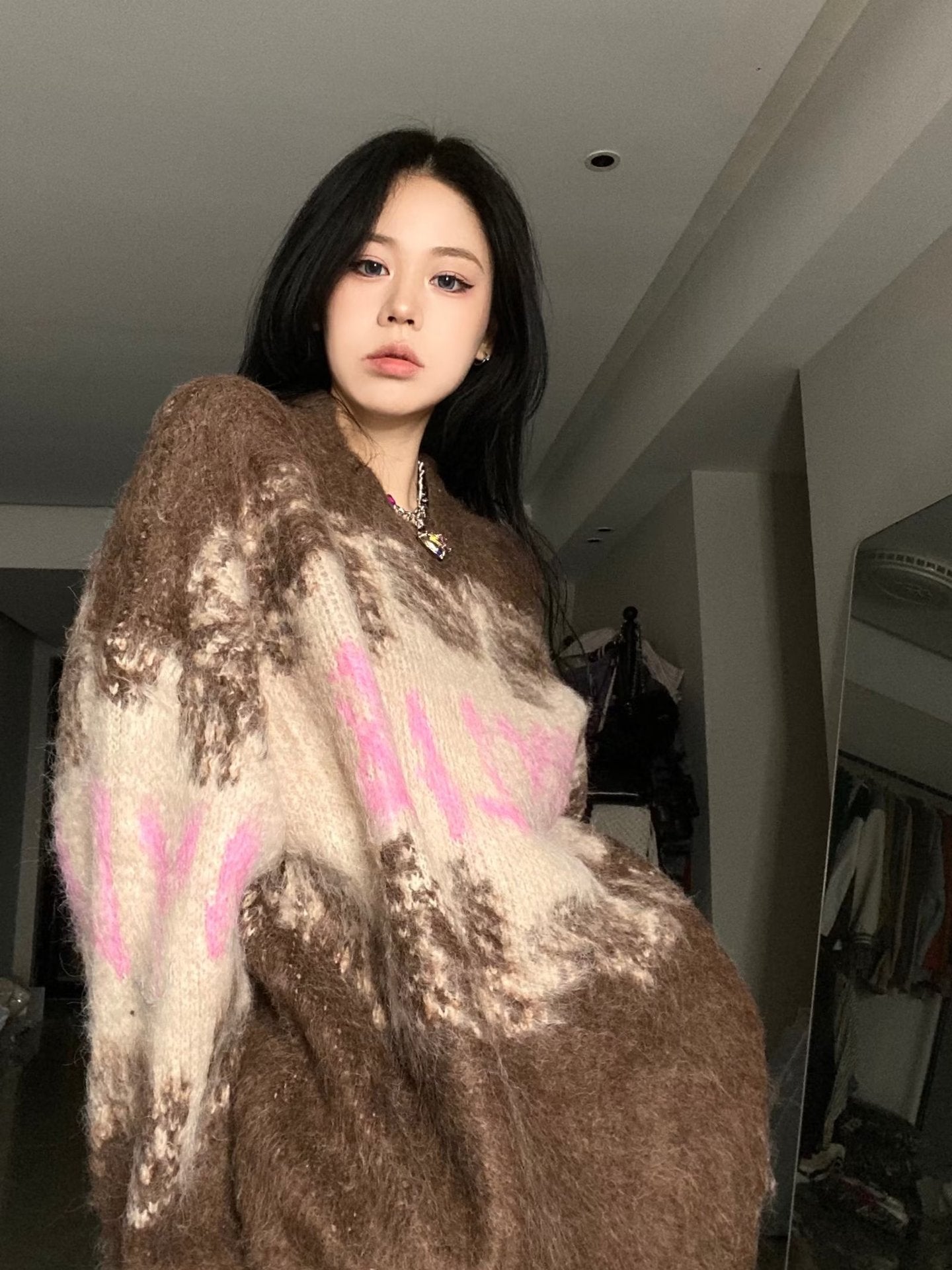 Fuzzy Contrast Color Print Oversized Sweater - fairypeony