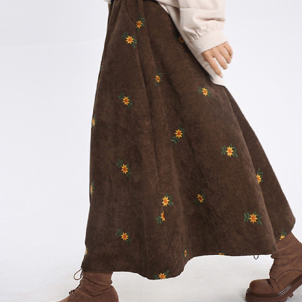 Embroidery Daisy Corduroy Maxi Skirt - fairypeony