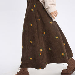 Embroidery Daisy Corduroy Maxi Skirt - fairypeony