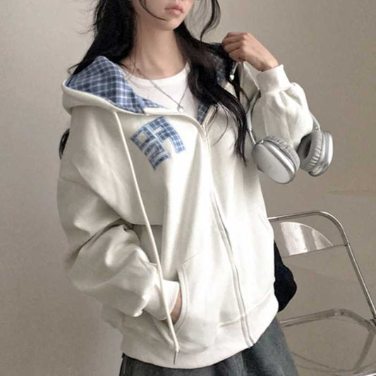 Vintage Plaid Oversized Zip Up Hoodie
