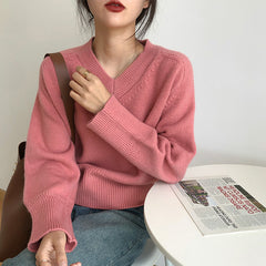 Vintage Solid Color V-Neck Sweater