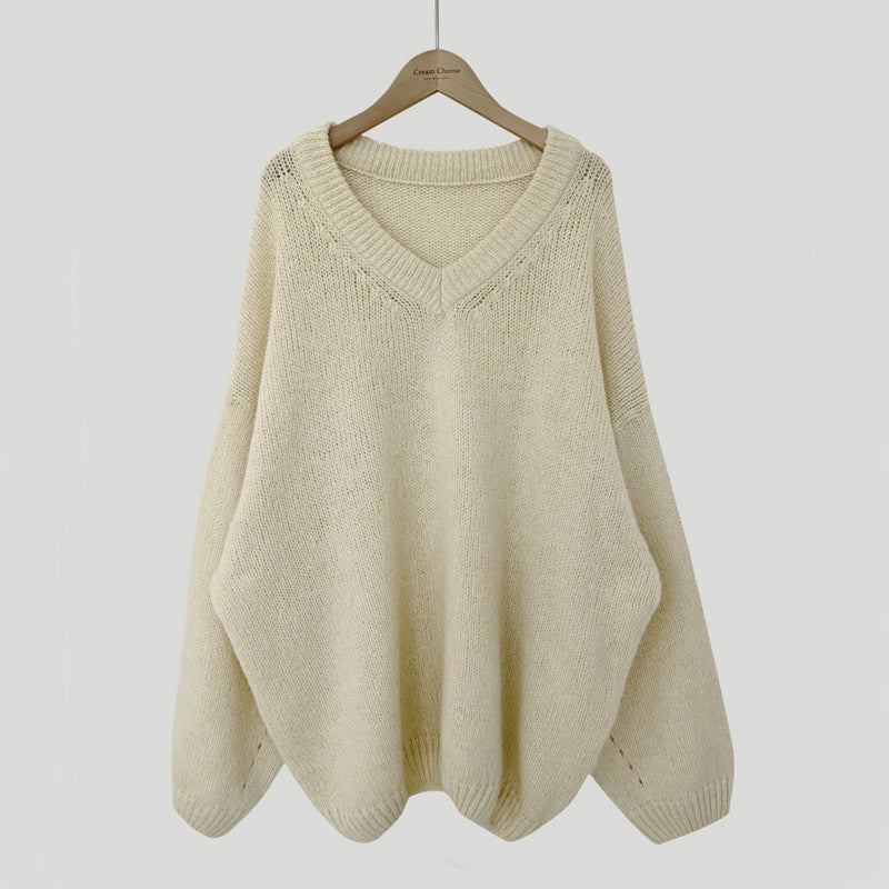 Solid Color V-Neck Oversized Sweater
