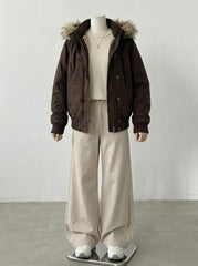 Vintage Hooded Fur Collar Jacket + Retro Wide-Leg Denim Pants