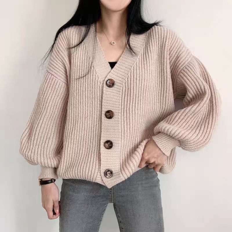 Solid Color V-Neck Casual Oversized Cardigan
