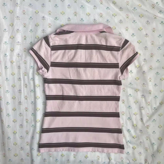 2000s Striped Polo Shirt Top – Pink Brown Collegiate Crop Tee S–L