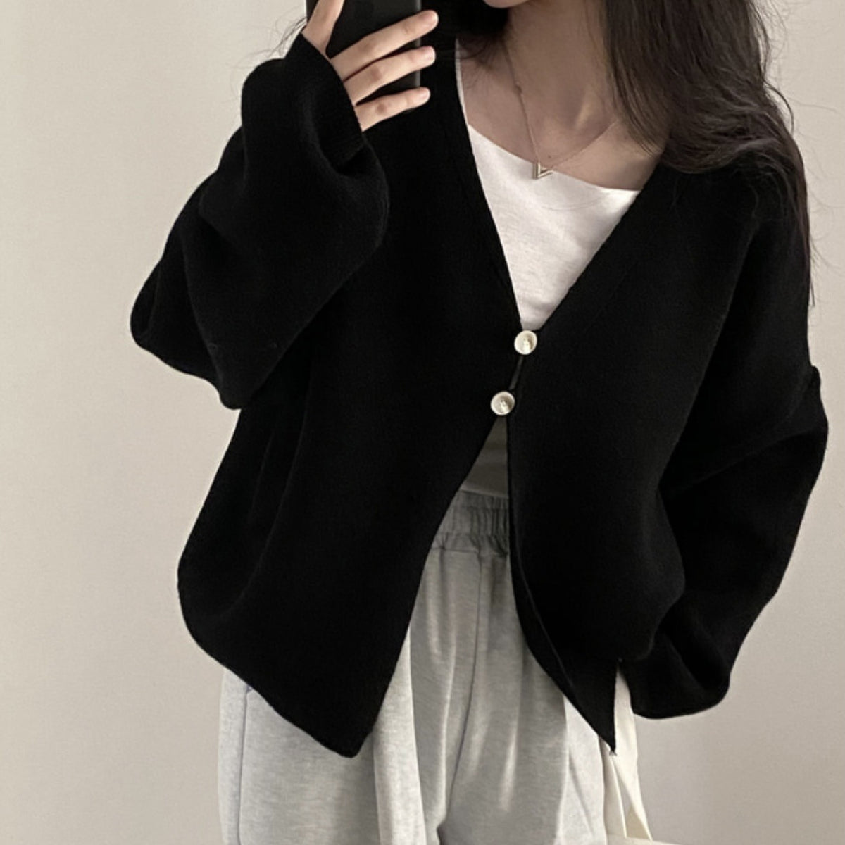 Solid Color Two button Oversized Cardigan - fairypeony
