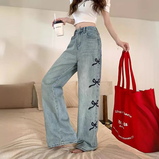 Side Embroidered Bow Boyfriend Jeans