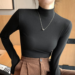 Vintage Solid Color Turtleneck Knitted Tee