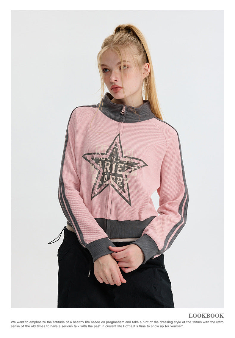 Contrast Color Star Letter Print Short Jacket - fairypeony