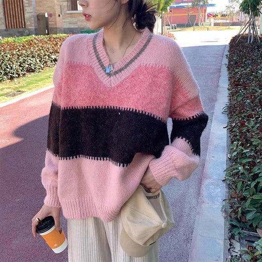 V-Neck Color Block Striped Sweater - fairypeony