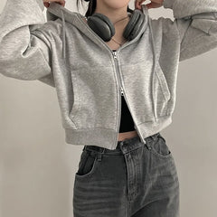 Solid Color Oversized Crop Zip Up Hoodie