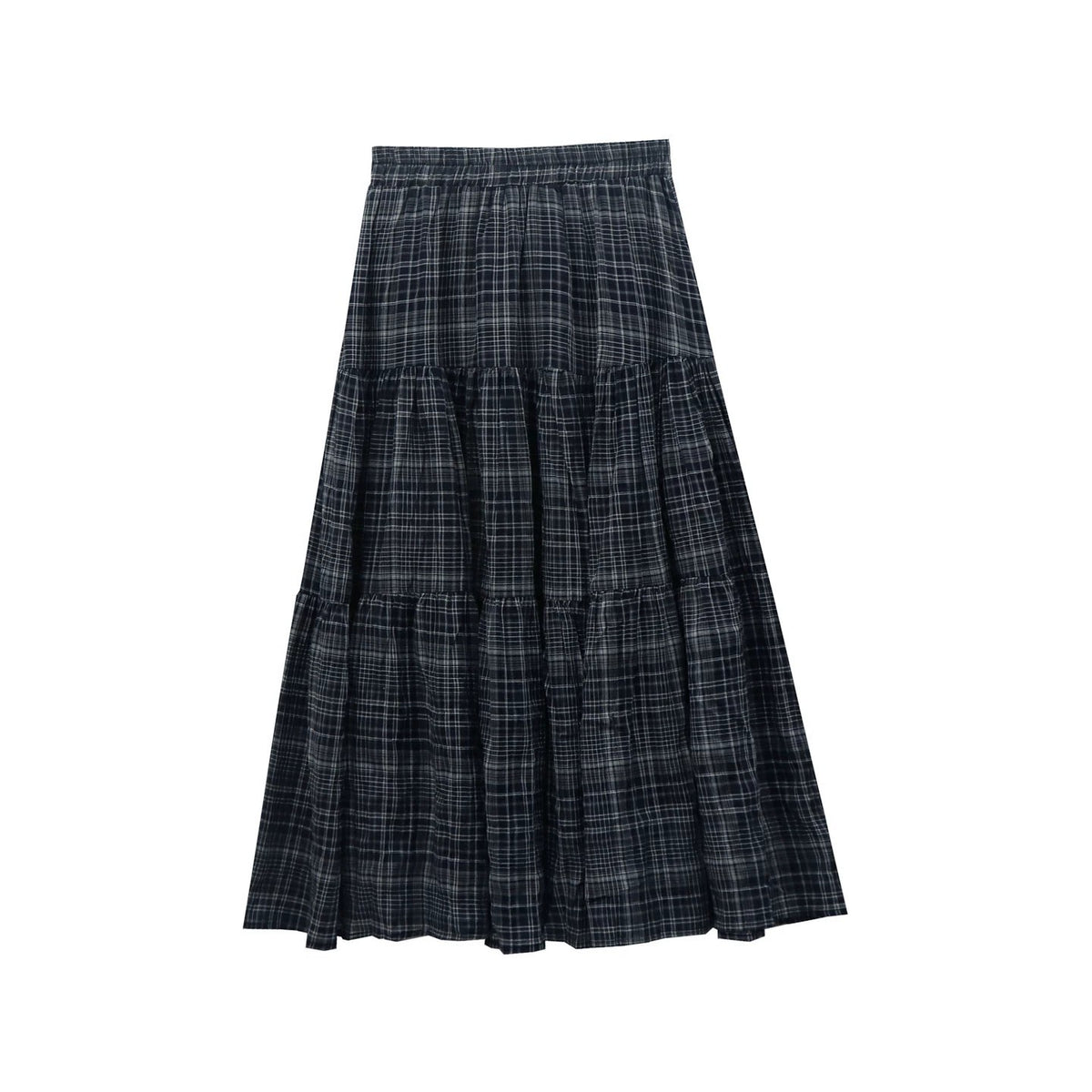 High-Waist Plaid Tiered Skirt Elastic Waist Cotton Long Skirt