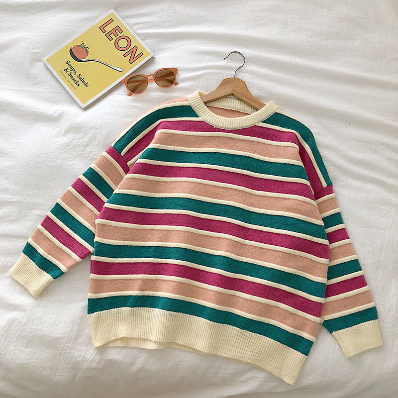 New Korean fan chic small color matching striped sweater - fairypeony