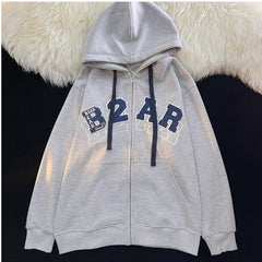 Letter Embroidery Zip Up Oversized Hoodie - fairypeony
