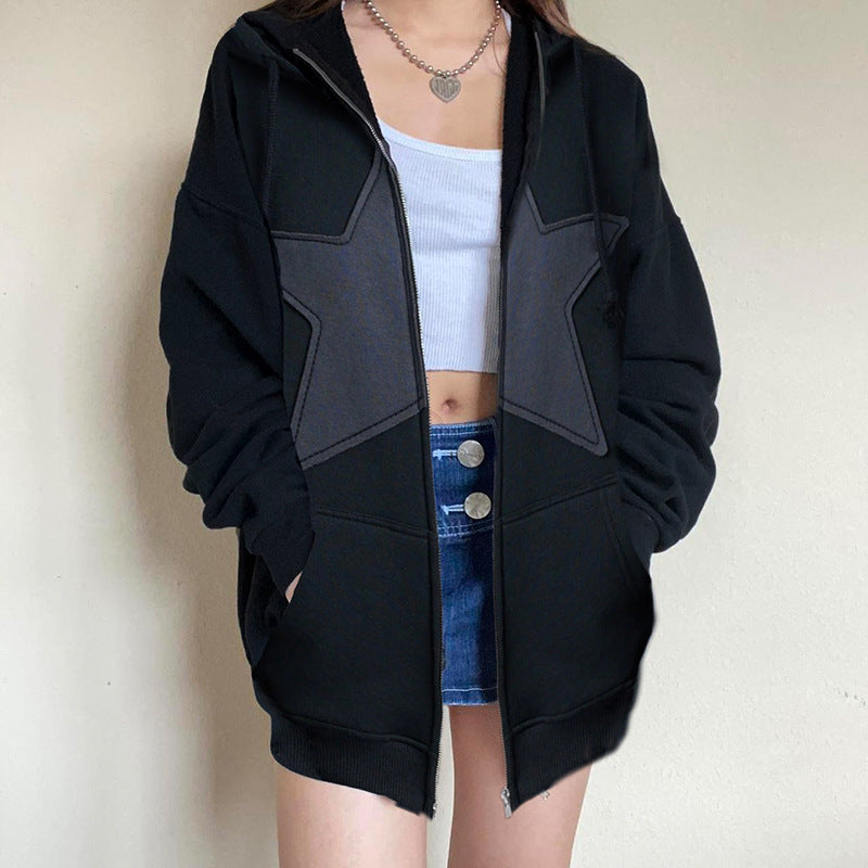 Multiple Star Patch kangaroo Pocket Oversized Hoodie - fairypeony