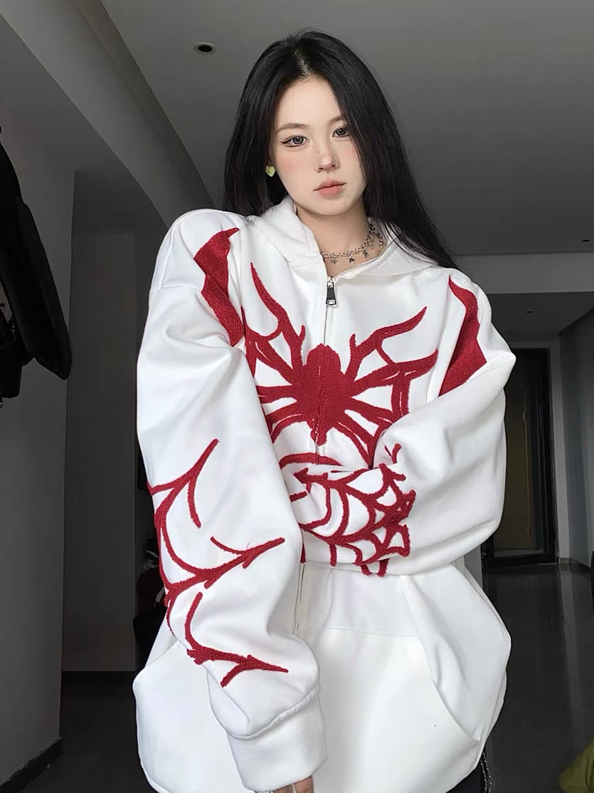 Embroidery Punk Spider Zip Up Hoodie - fairypeony