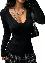 Women's Slim Fit Cable Knit Pullover Sweater V-Neck Long Sleeve