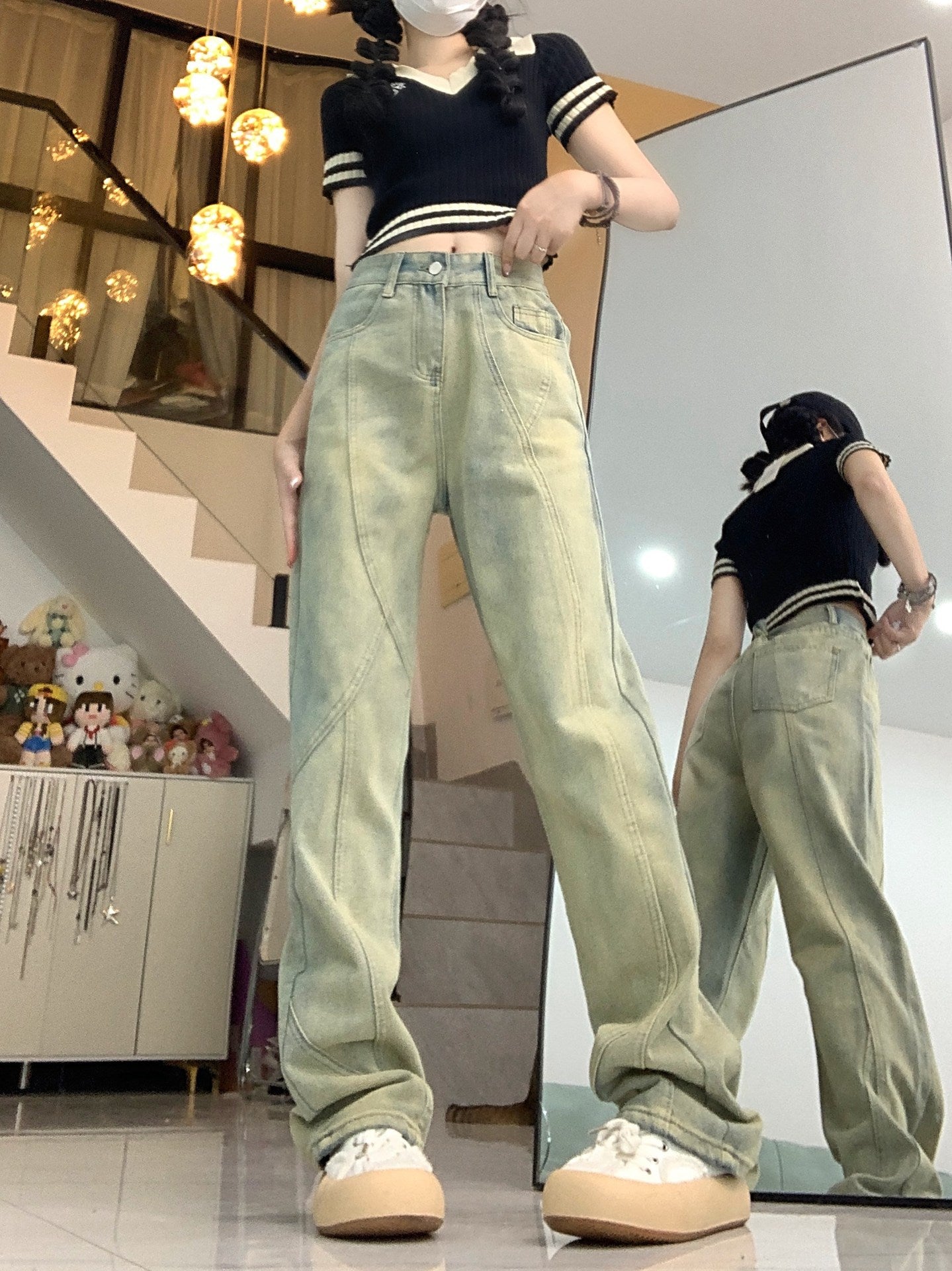 Faded Wash Paneled Seam Jeans - fairypeony