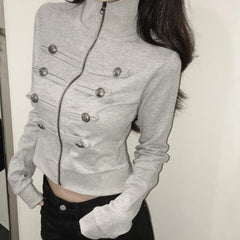 Stand collar military-style cropped zip jacket in gray, side view