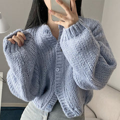 Round Neck Lantern Sleeve Knitted Cardigan