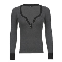 Contrast Color Breasted U Neck Long Sleeve Tee