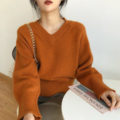 Vintage Solid Color V-Neck Sweater