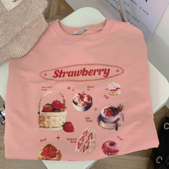 Crewneck Strawberry Print Loose Cotton Sweatshirt Pullover