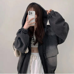 Womens Loose Denim Hooded Coat