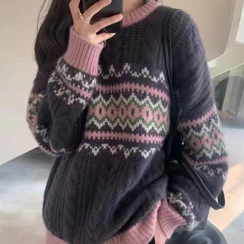 Wool Blend Geometric Pullover Sweater – Loose Fit Waxy Yarn Crewneck Knit