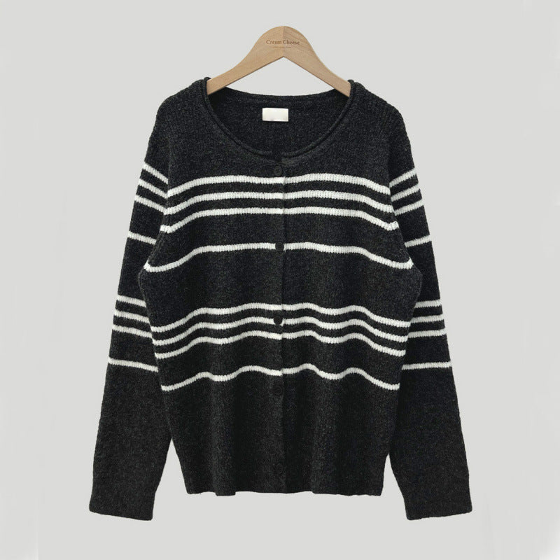 Dark Academia Round Neck Striped Cardigan