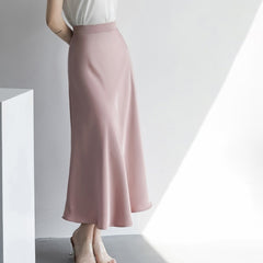 Solid Color Mid Length Satin Skirt