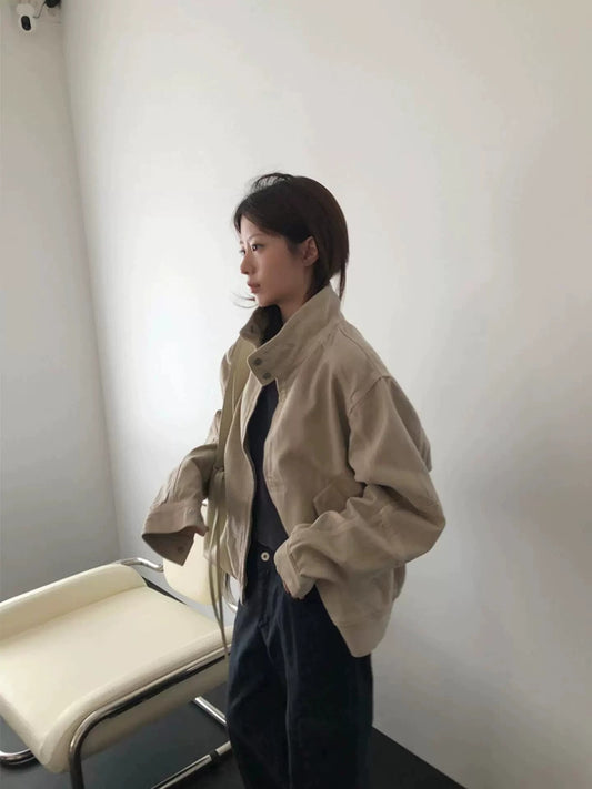 Korean Style Stand Collar Zipper Casual Cotton Jacket