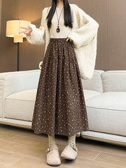 Floral Print Brushed Woolen Long Swing Skirt Midi Length