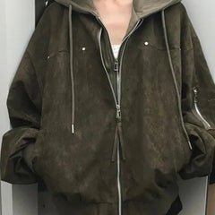 Faux two-piece hooded biker jacket in military green, zipped