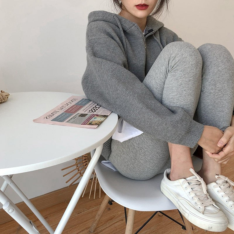 Solid Color Zip Up Oversized Hooded Cardigan - fairypeony