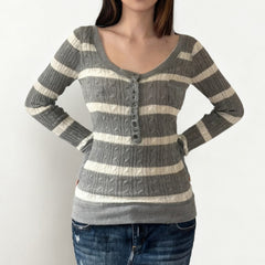 Womens Striped Cable-Knit Square-Neck Sweater