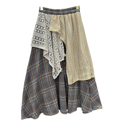 Vintage Lace Patchwork Plaid Maxi Skirt