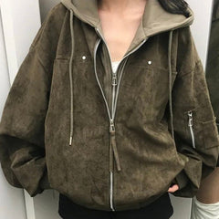 Faux two-piece hooded biker jacket in military green, front view