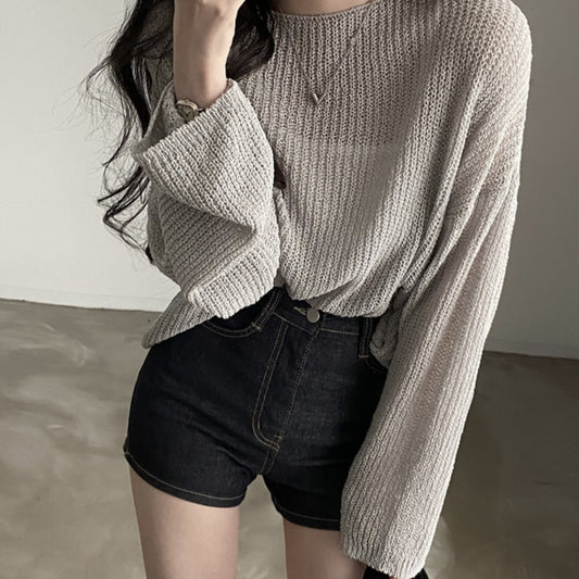 Solid Color Round Neck Oversized Knitted Tee