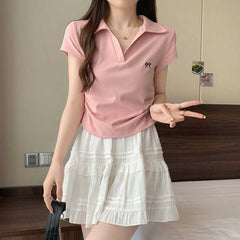 Embroidered Bow Polo Collar Short Sleeve Tee