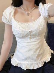 U Neck Puff Sleeve Short Sleeve Blouse
