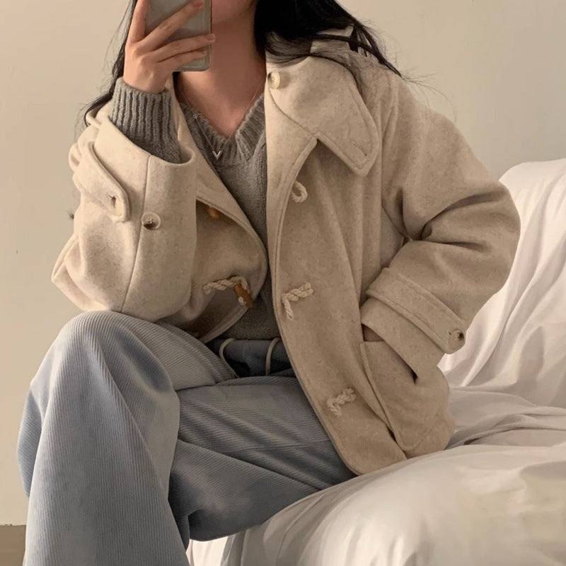 Horn Button Hooded Oversized Preppy Jacket