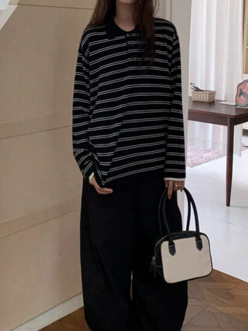 Women's Retro Color-Block Striped Polo Collar Long Sleeve Knit Top